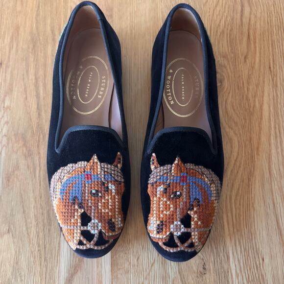 Stubbs & Wootton Black Velvet Needlepoint Horse Equestrian Loafer Flats Sz 8 - Picture 1 of 12